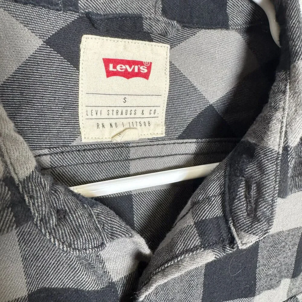 Levi’s Men’s Small Gray Black Buffalo Plaid Flannel Shirt Long Sleeve Button Up